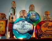 5 Potion Bottles Halloween Decoration Prop - Mandrake, Hemlock, Blood of Bat, Mugwort, Life Renewal - pbleu