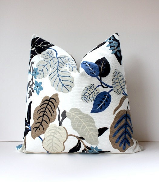 Modern Blue and Taupe Decorative Designer Pillow Cover 20" Accent floral navy cobalt wedgewood grey black gray Josef Frank Style spring - WhitlockandCo