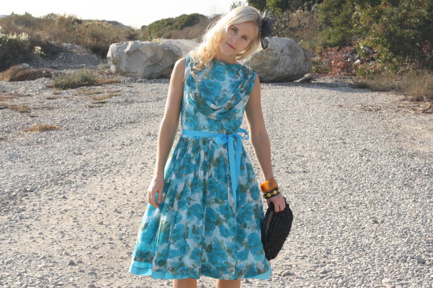 Vintage 50s Dress / 1950s Party Dress / Turquoise Floral Party Dress w/ Pleated Skirt L