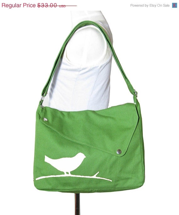 Green cotton canvas messenger bag / shoulder bag / bird messenger /diaper bag / cross body bag