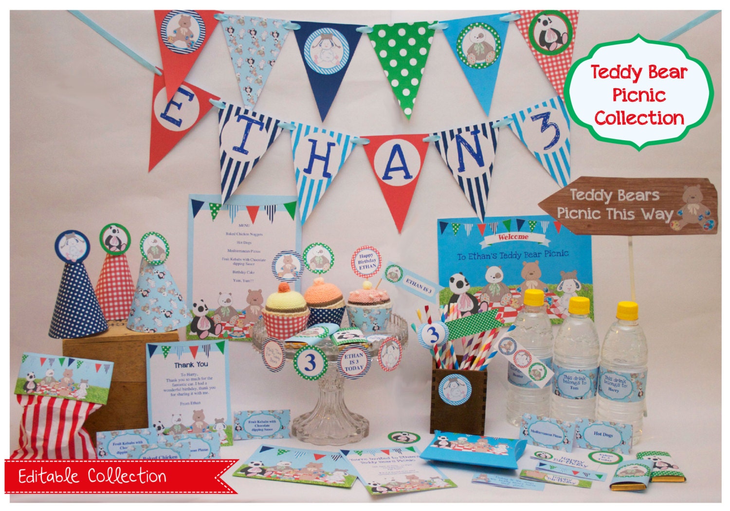 Teddy Bears Picnic EDITABLE Party Stationery Collection (Boys Colours) Il_570xn