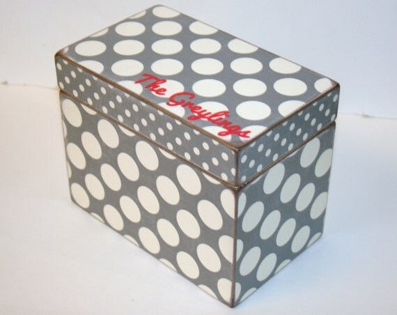 Recipe Box Gray and White Polka Dot Handmade by TheAdornedAbode