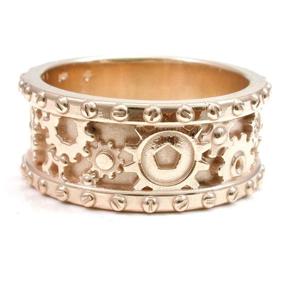 14k Yellow Gold Gear Ring Steampunk Mens by SwankMetalsmithing