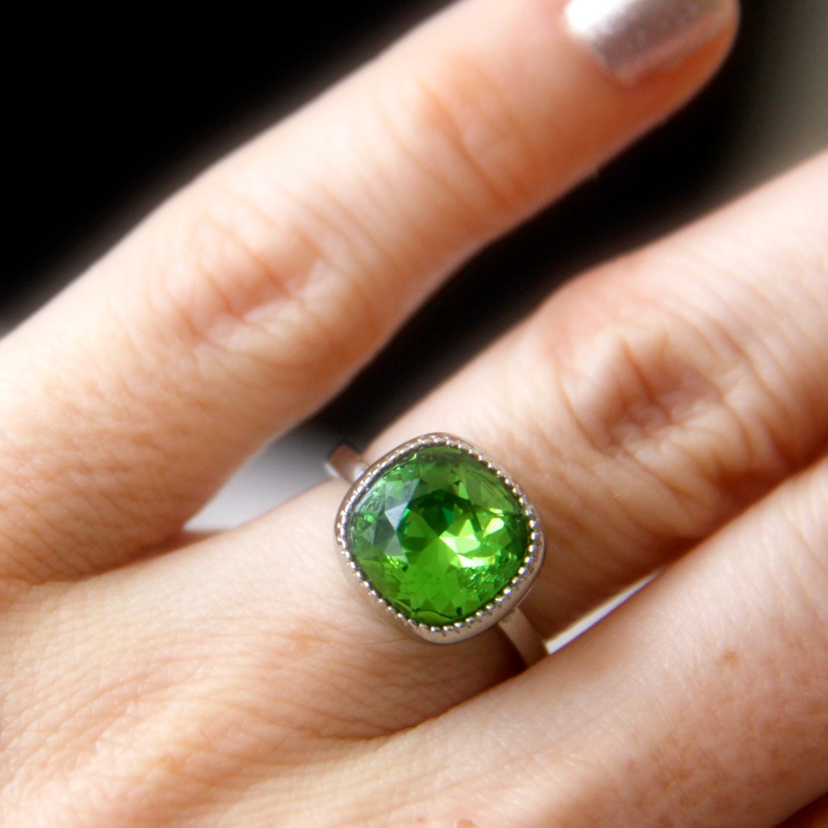 Emerald Green Cusion Ring, Swarovski Green Crystal, Square Crystal (15487)