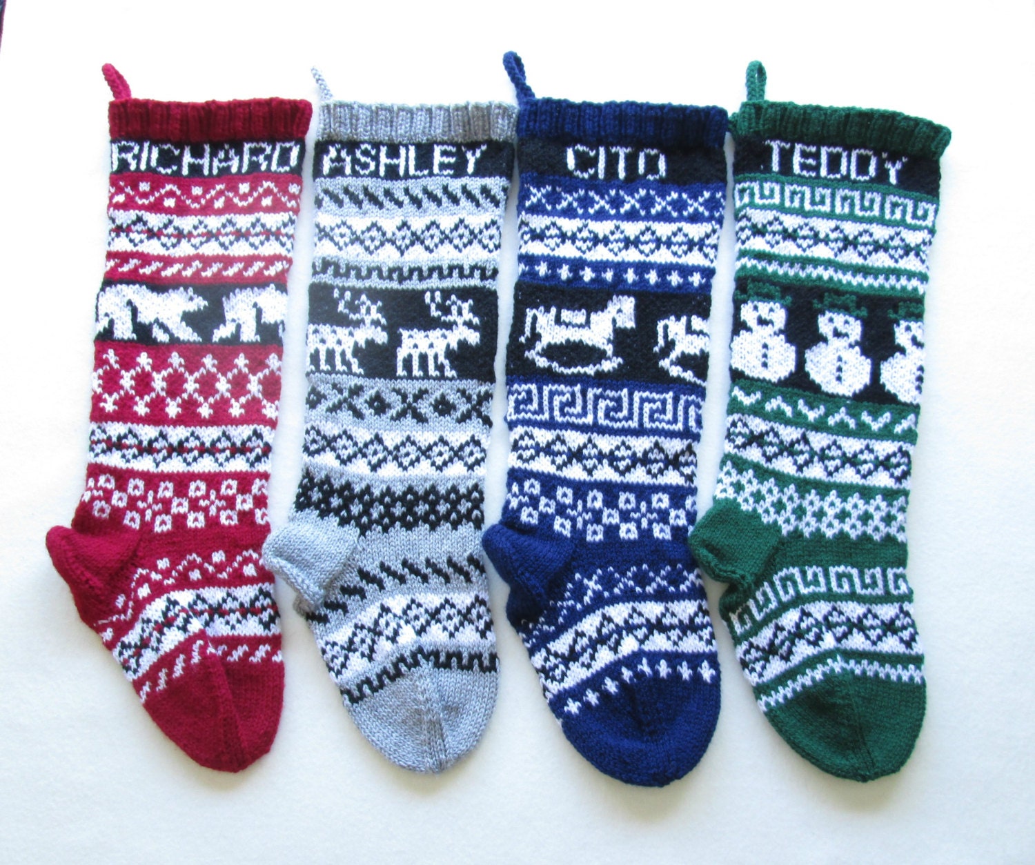 Knitted Christmas Stockings set of 4 fair by SantasSockCentral