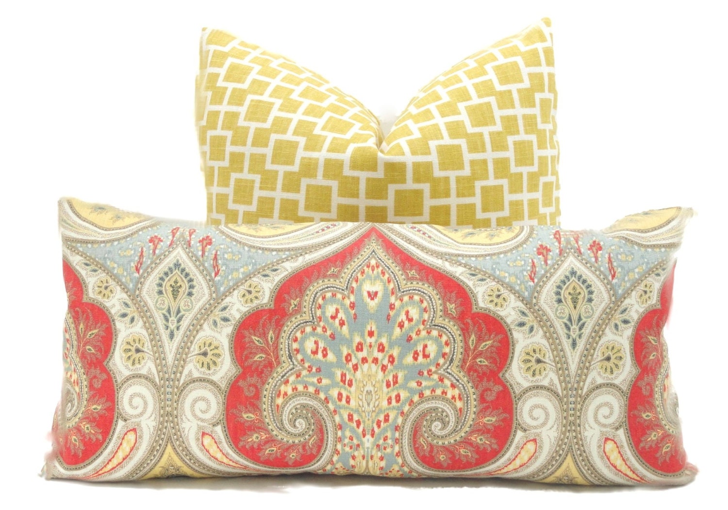 Kravet Red Yellow Gray Ikat Decorative Pillow Cover by PopOColor
