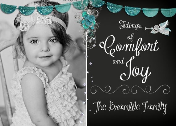 Glitter Chalk Board Christmas Photo Card - Merry Christmas - Comfort and Joy - Custom Printable File Il_570xn