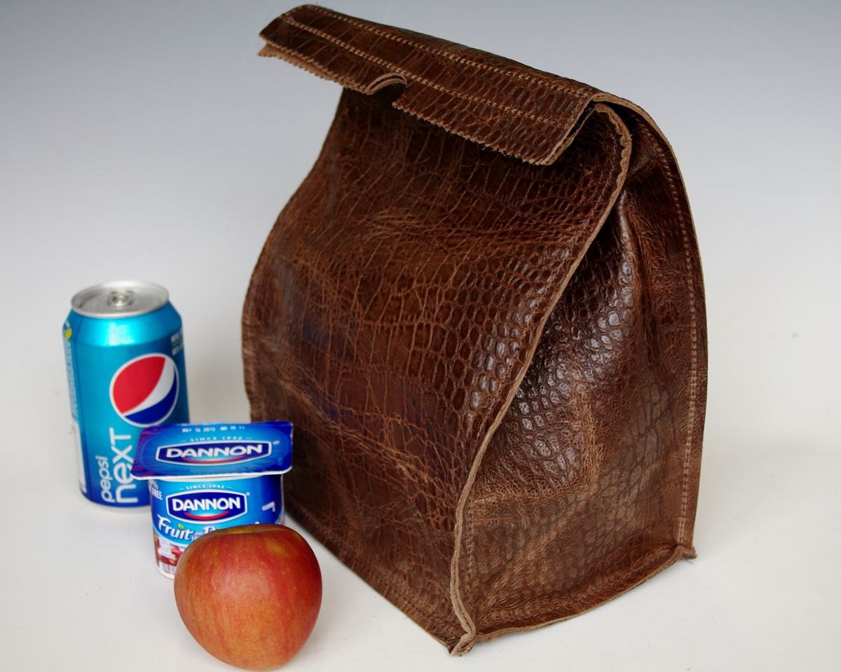 Leather Lunch Bag - Large -distressed crocodile embossed cowhide- It's fun, it's leather, it's a great conversation starter.