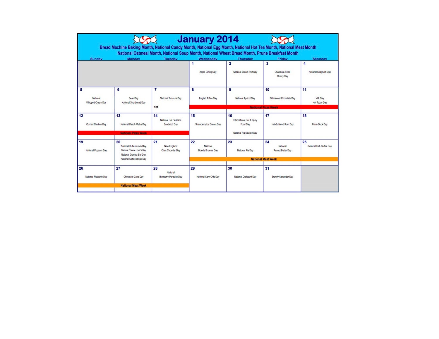 Items Similar To National Food Holiday Calendar 2014 On Etsy