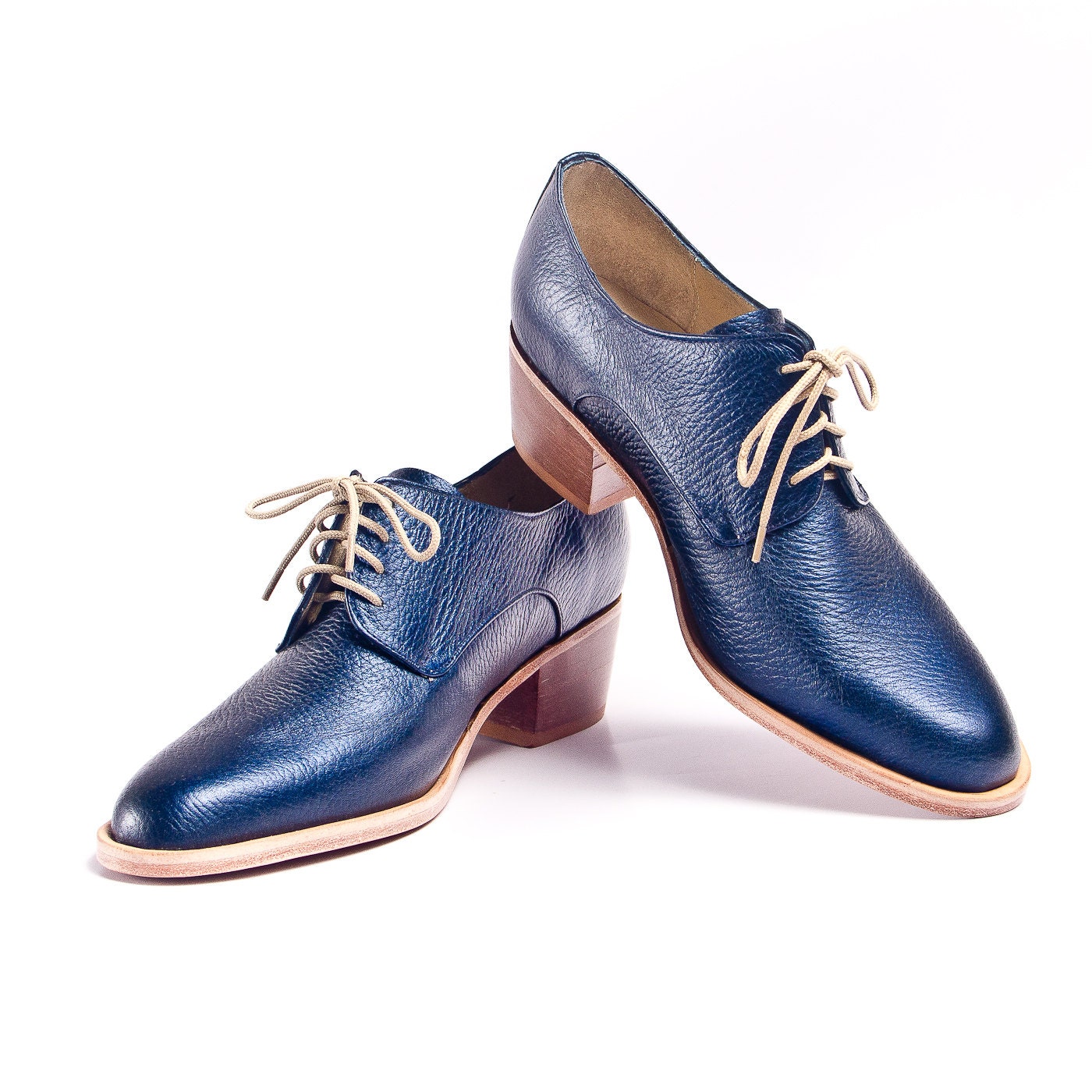 metallic blue derby oxford brogue shoes with cuban heel - FREE WORLDWIDE SHIPPING - goodbyefolk