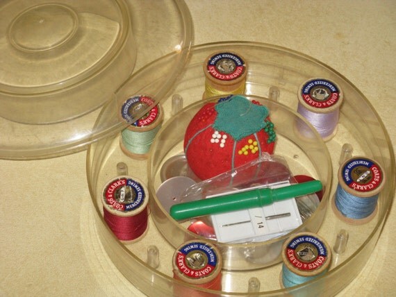 Vintage Sewing Thread Box Round Clear Plastic with 7 by