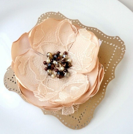 Champagne Fabric Flower Brooch Pin with Lace, Satin Flower Broach, Romantic Vintage Wedding Fascinator, Nude Beige Bridal, Indie Jewelry - InspiredGreetingsAD