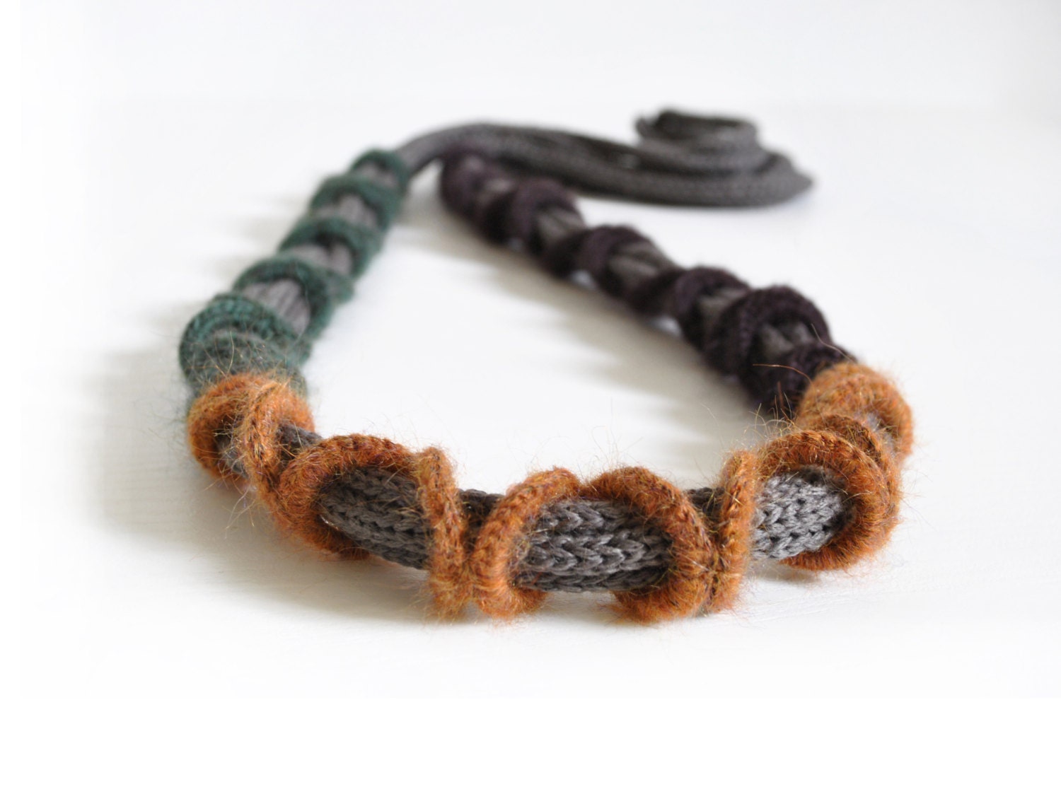 Knit cashmere fiber necklace / Textile necklace / Rustic chic jewelry / Modern fiber necklace / Fall fashion / Green brown mustard taupe - AliquidTextileJewels