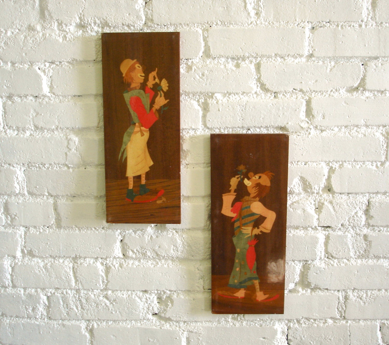 Pair 1960s Clown Marquetry Inlaid Wood Panels by JackJettVintage