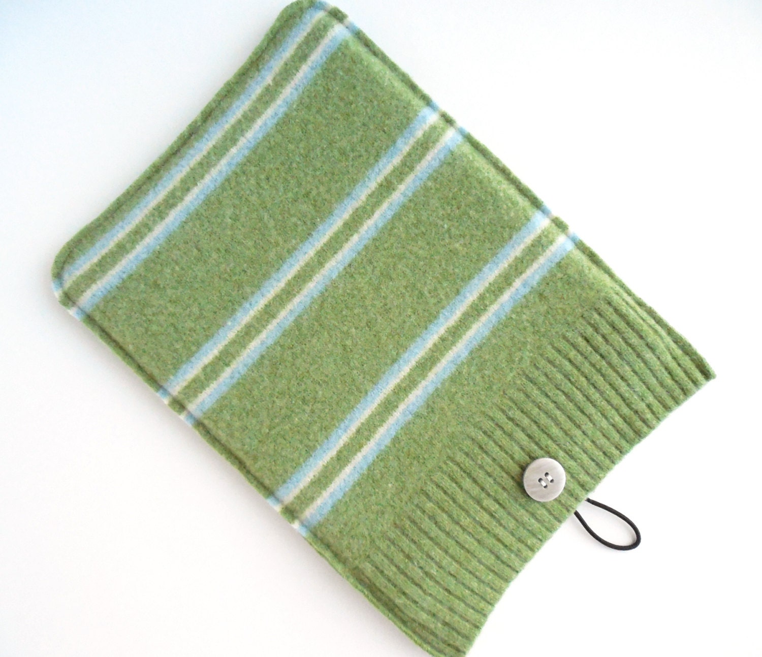 iPad Air Sleeve, Sage Green with Blue and Cream Stripes Felted Wool, Upcycled, Kindle HD & HDX, Nook HD, Tablet Wool Cover Case - TrendyEarth