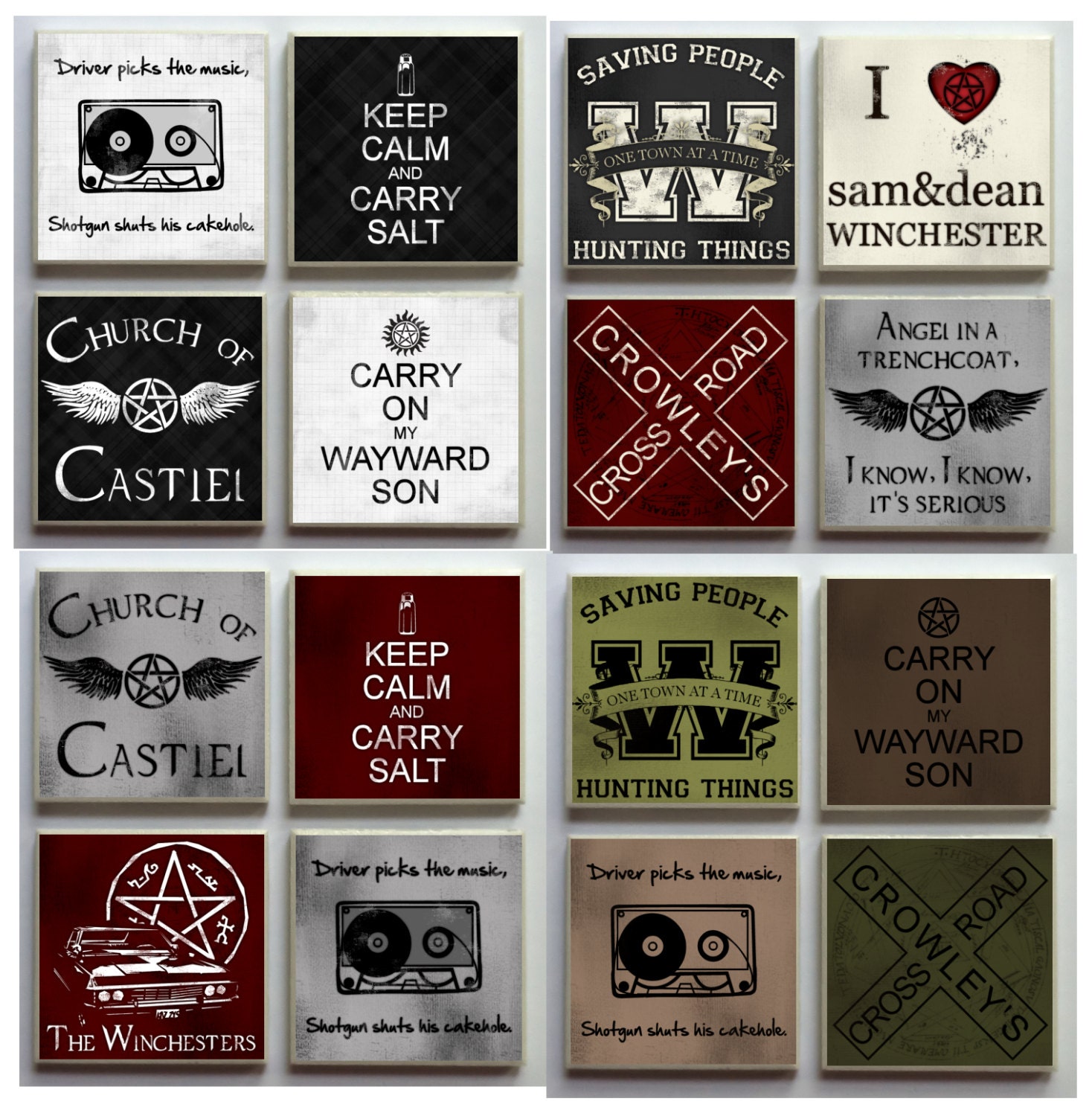 Supernatural SPN Fandom - One (1) Ceramic Tile Refrigerator Memo Magnet Magnets - Cakehole Wayward Son Crowley Keep Calm Carry Salt