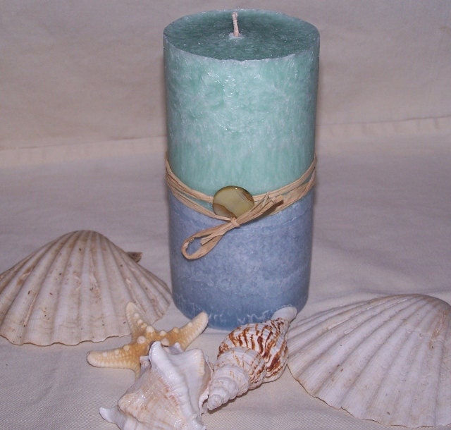 Seamist and Caribbean Teak pillar candle by
