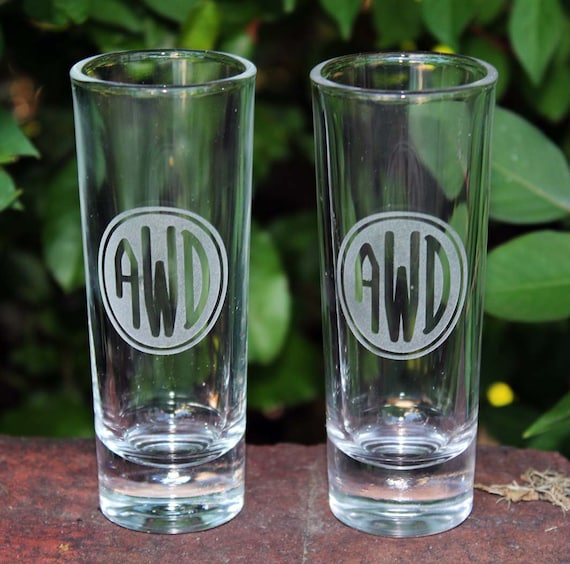 2 Personalized Monogrammed Etched Shot Glasses by alishasdesigns