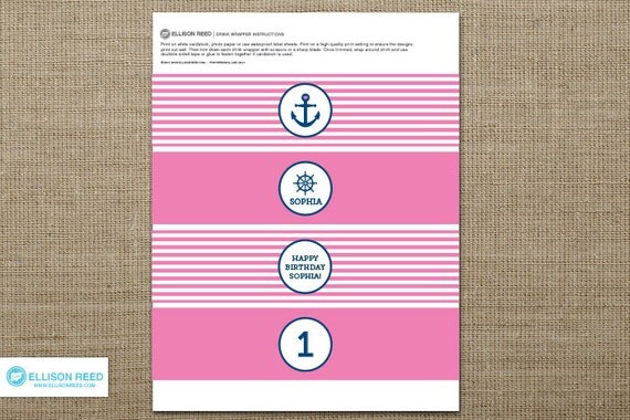 Nautical Birthday Printable - Nautical Printable - Girl Birthday - Pink Birthday - Drink Wrap - Anchor - Decorations - Printable Party Il_570xn