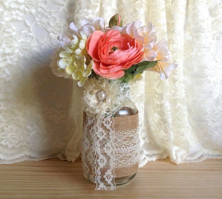 burlap and lace covered mason jar vase - wedding decoration, bridal shower decoration, country chic decoration