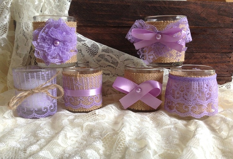 6 burlap and lace covered purple tea Votive candles, bridal shower, wedding decoration, gift or for you
