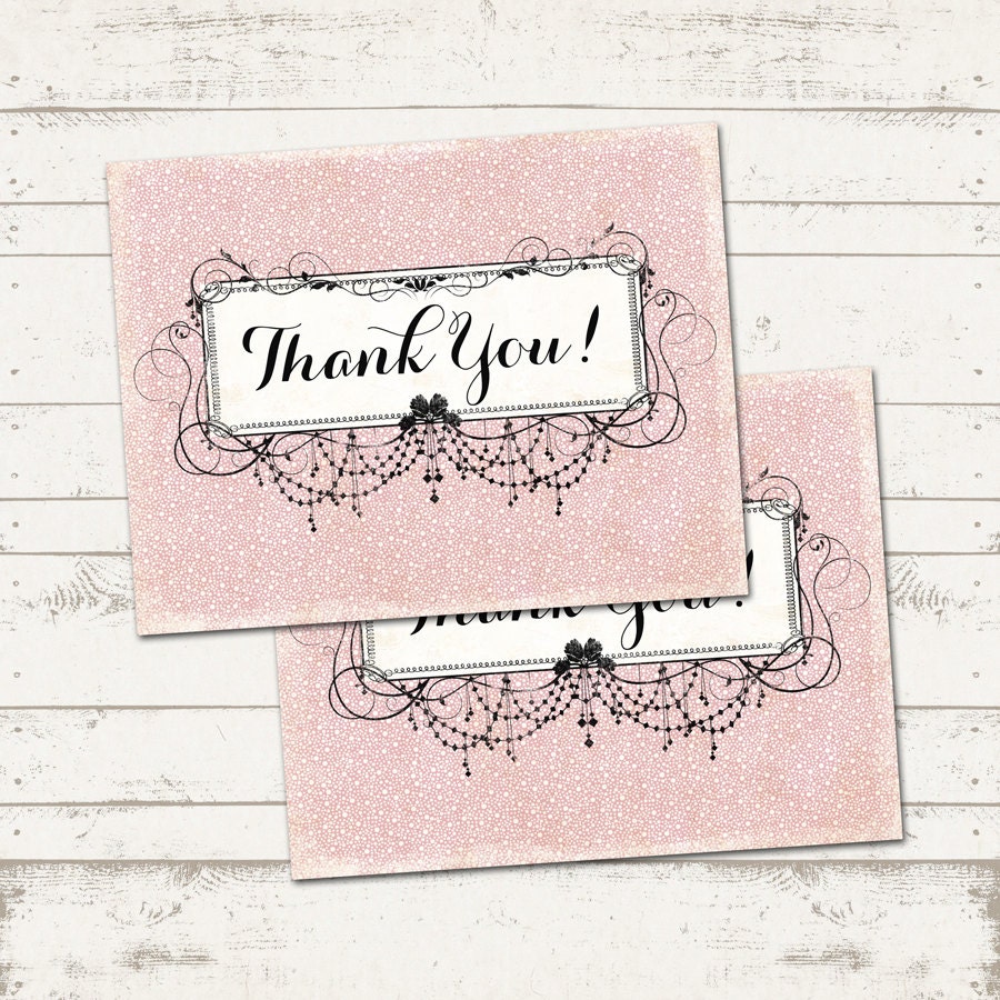 Instant Download Thank You cards - Shabby Chic, Vintage Inspired, Distressed, Pink Dots - Printable Design Il_570xn