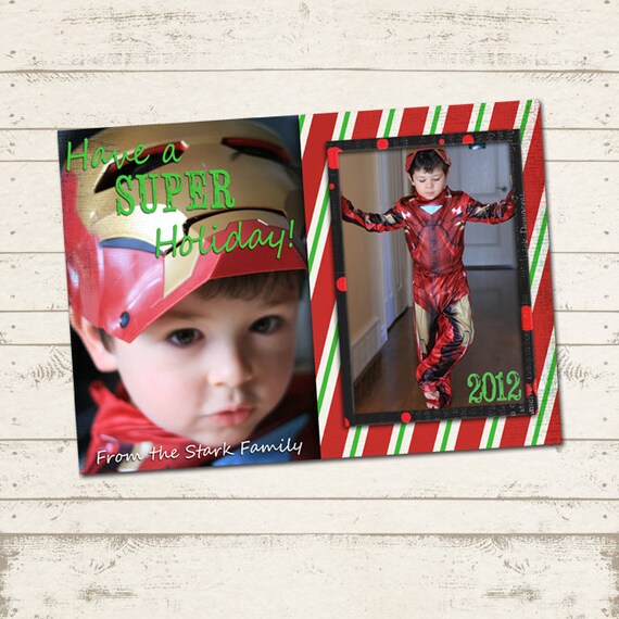 Custom Photo Christmas Card - 5x7 printable download - Super Holiday, red & green stripes, super hero themed photo card, Christmas Il_570xn