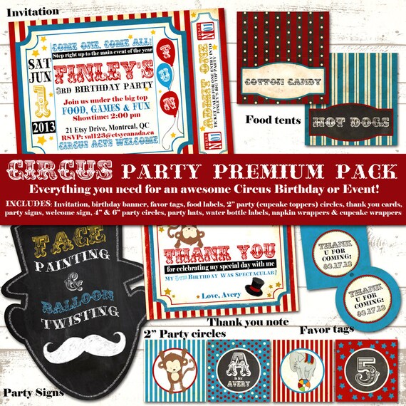 Circus Birthday Party Pack - Vintage Inspired / Retro Circus Carnival - Custom, Printable - Blackboard, Mustache - PREMIUM PACK Il_570xn