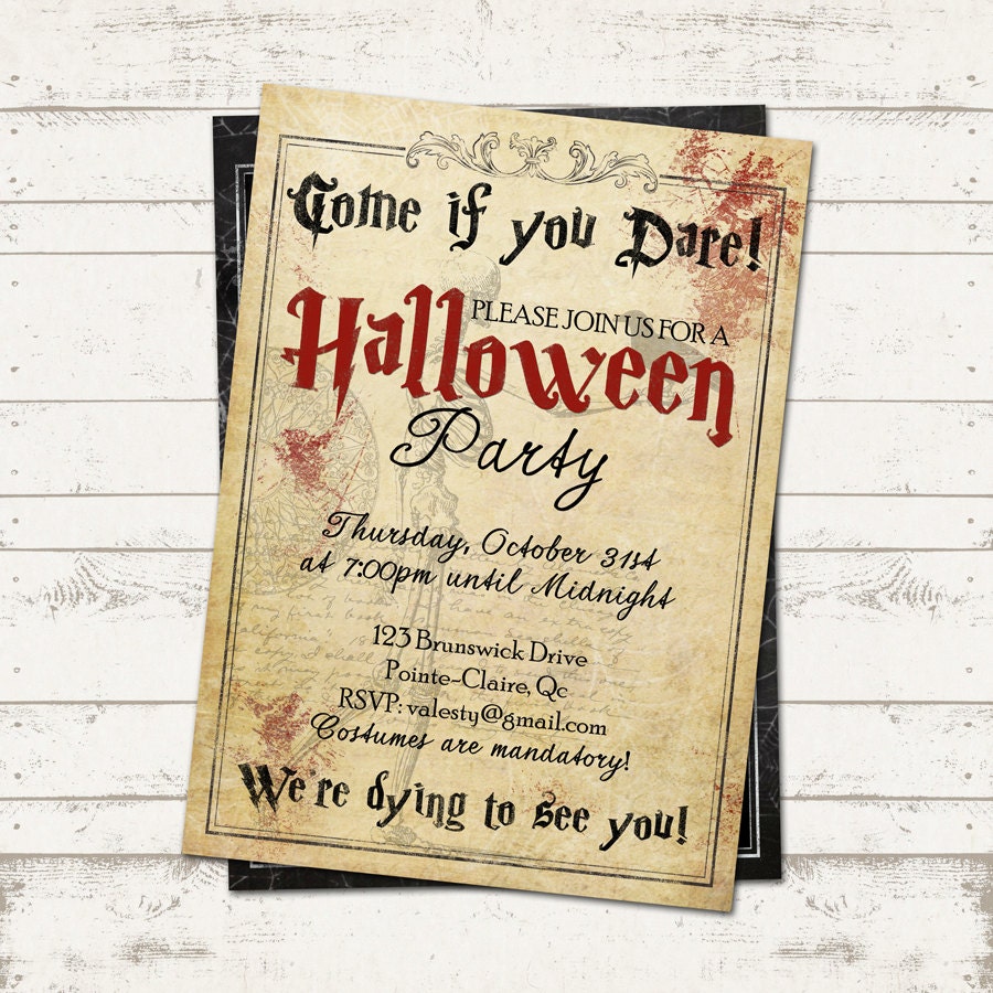Halloween Party Invitation - Creepy, Vintage, Old Paper, Skeleton, Crow - Custom, Digital, Printable Designs Il_570xn