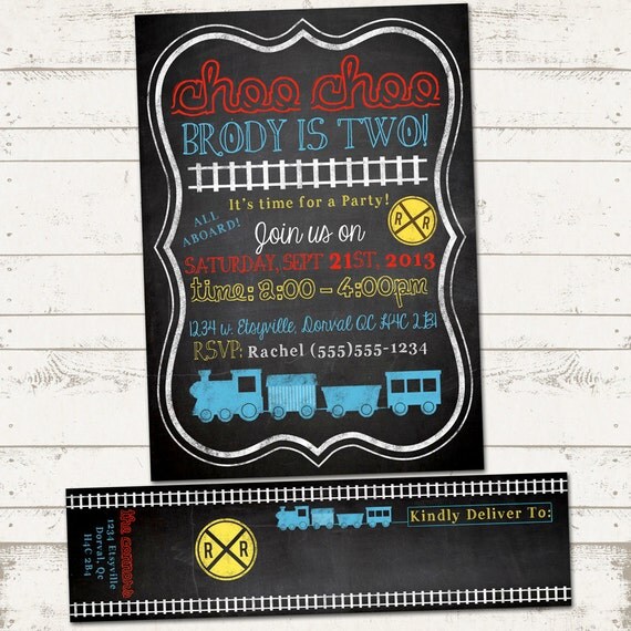 Train Birthday Invitation with Wrap Around Address Labels - All Aboard - Choo Choo - Blackboard, Chalkboard - Custom, Printable Designs Il_570xn