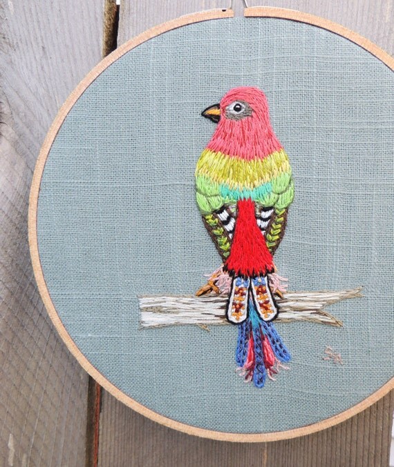 Folk art decorated bird hand embroidery hoop art by bannerandsail