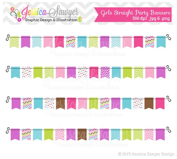 INSTANT DOWNLOAD, girls straight bunting banners, banner clipart, pink, green, blue, purple, patterned, for commercial use, invites, design Il_570xn