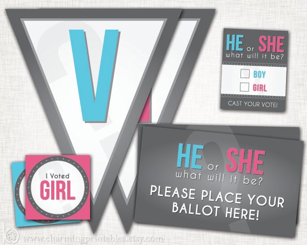 Gender Reveal Voting Kit Set - DIY PRINTABLE - Voting Station - Ballot Vote Here Banner I Voted - Blue Pink Gray - Gender Reveal Collection Il_570xn
