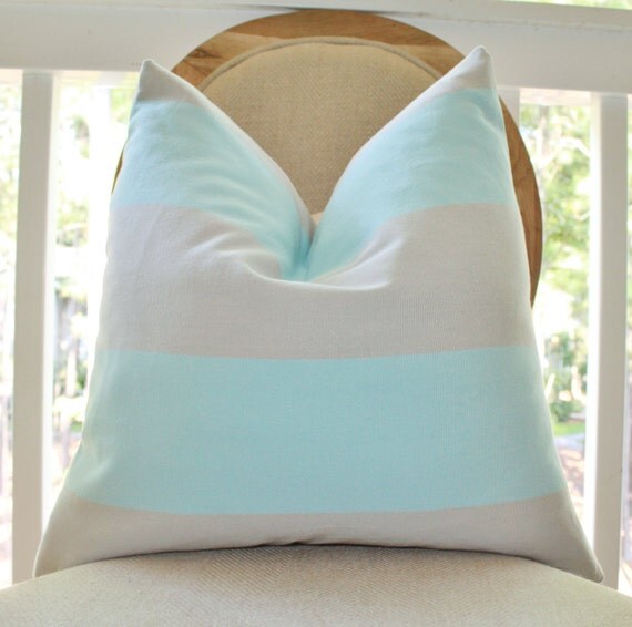 Aqua Pillow Grey Cabana Stripe Pillow Cover Neutral Beach Stripe