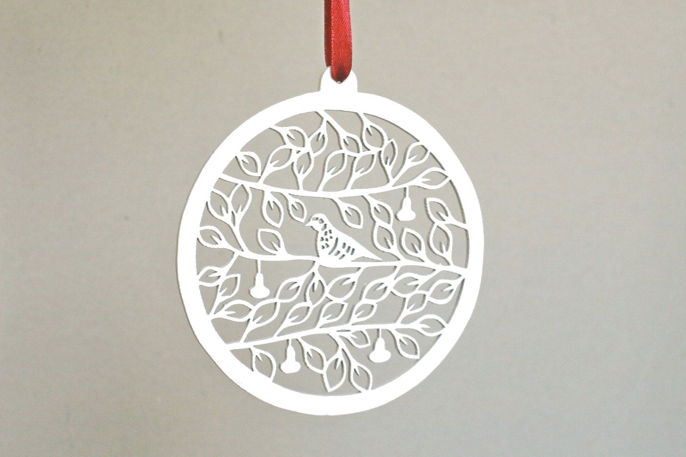 wooden Christmas ornament, white, Partridge in a Pear Tree, rustic Christmas, Christmas decor, laser cut,