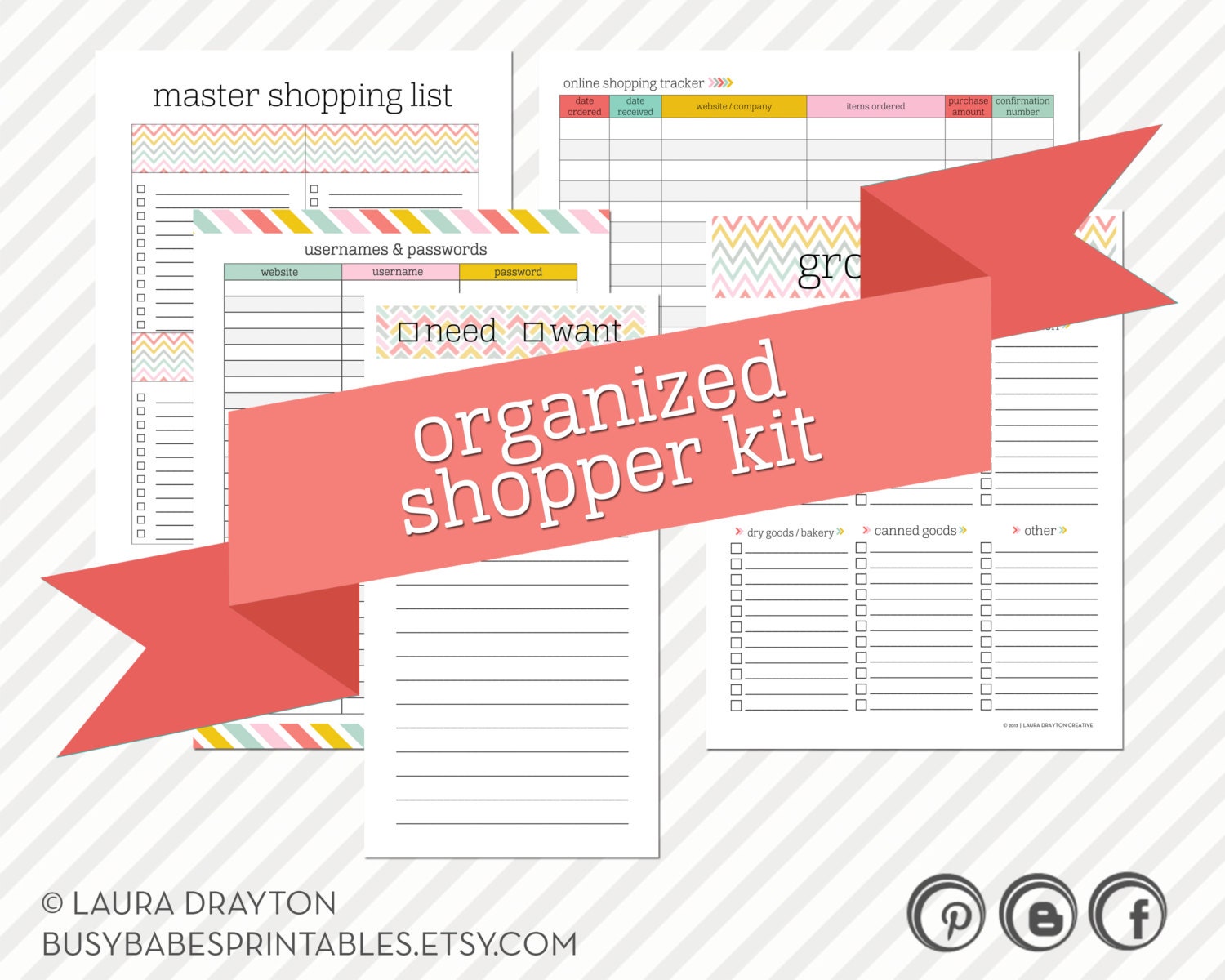 Organized Shopper Kit - Printable Shopping Lists, and Online Username and Passwords Tracker - INSTANT DOWNLOAD
