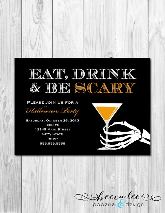 Eat, Drink and Be Scary Halloween Party Invitation - Black Background - DIY - Printable Il_570xn