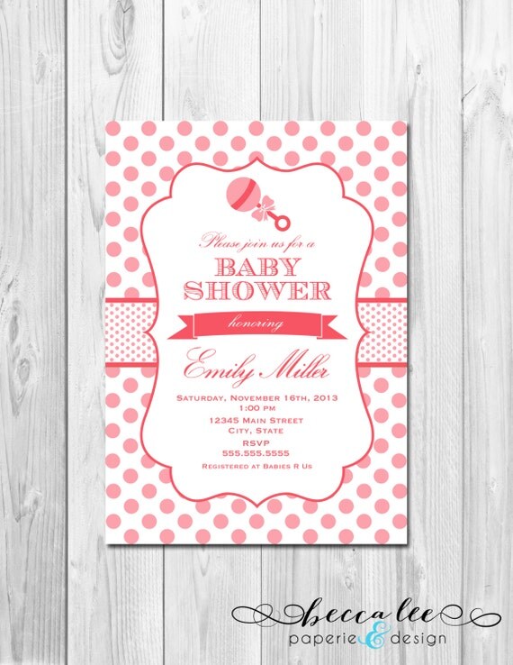 Rattle Baby Shower Invitation - Pink Polka Dots - DIY - Printable Il_570xn