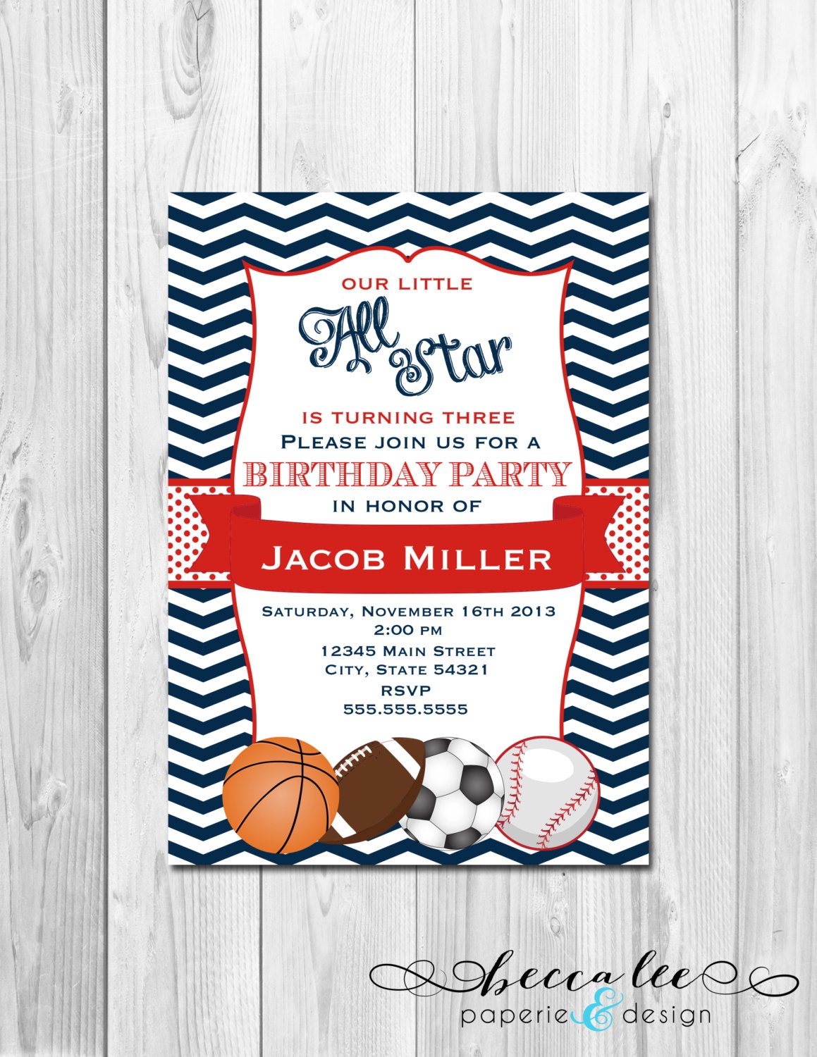 All Star Sports Theme Birthday Party Invitation - Red and Blue - Chevron Stripes - DIY - Printable Il_570xn