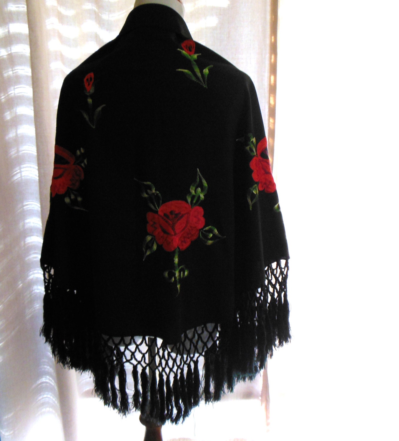 Mexican Shawl Black w Red Roses and long fringe by VintageAndGems