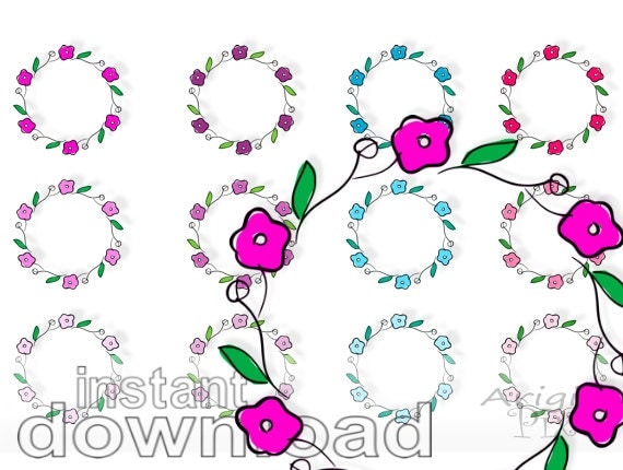 flower circles clip art set, wedding floral wreath clipart, pink purple blue colors, round frame, commercial use clipart, instant download Il_570xn