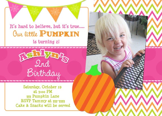 Pink Orange & Green Chevron Little Pumpkin Birthday Party Invitations - printable - any age Il_570xn