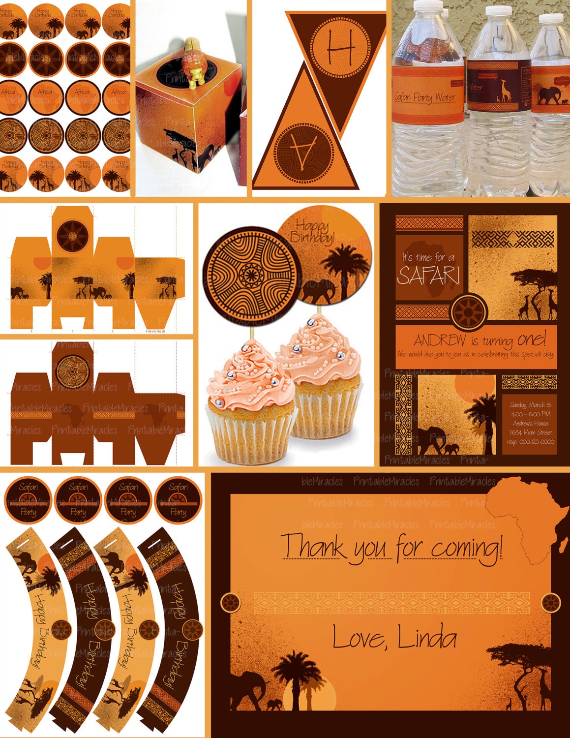 Safari birthday party kit / Printable zoo party package / Kids jungle birthday party / Safari party decoration for girls & boys orange brown Il_570xn