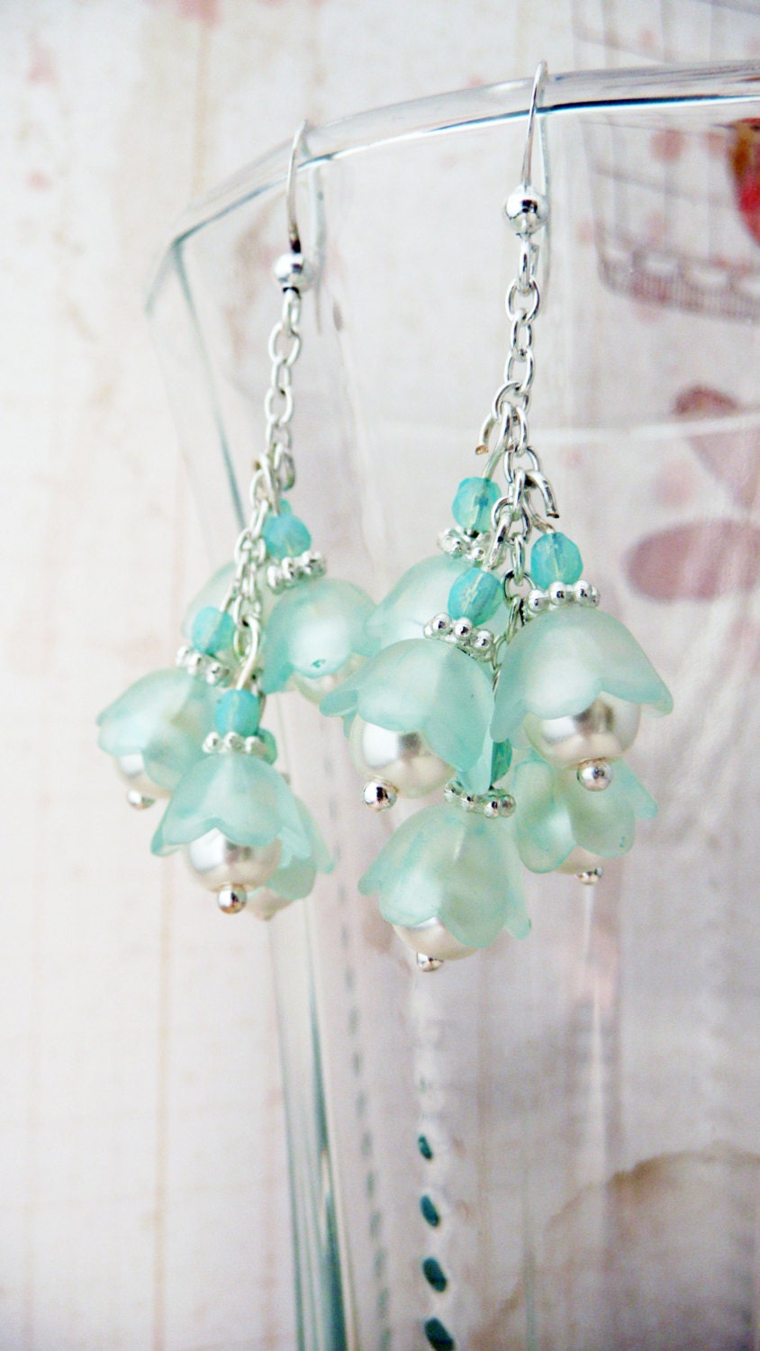 seaglass blue/green and silver lucite flower dangle earrings No. 279 - VerdigrisGifts