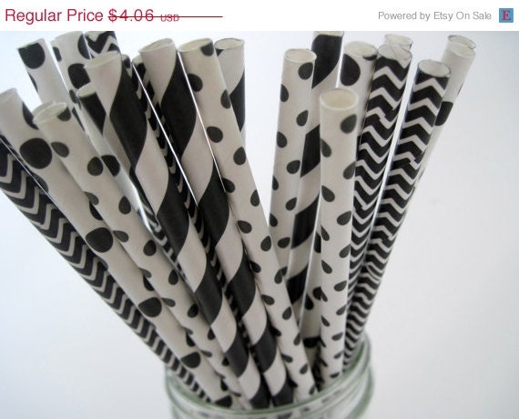ON SALE 25 Black and White Straw Mix -Dot, Stripe, Chevron - ships less than 24 hours Il_570xn