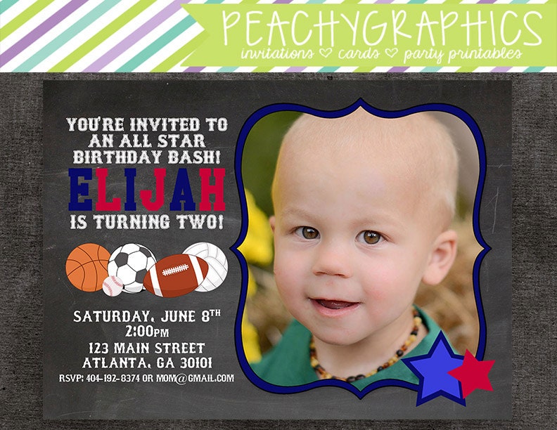 All Star Sports Chalkboard Printable Birthday Party Invitation with Photo