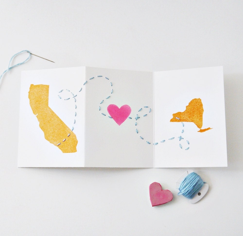 Long Distance Love Card - Valentine's Day, Anniversary, Wedding // Any US States or Countries // Linocut & Embroidery // Charitable Donation - atiliay