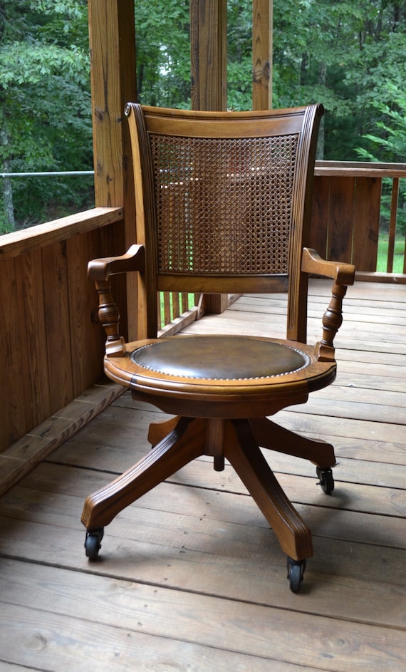 Vintage Wood Oak Office Chair Swivel Wheels Cane by ...