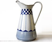 Very decorative LARGE Antique blue and white FRENCH enamel JUG - uneviedeboheme