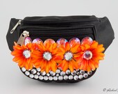 Halloween Rave Festival Black Jeweled Fanny-Pack with Orange Flowers and Silver Rhinestones